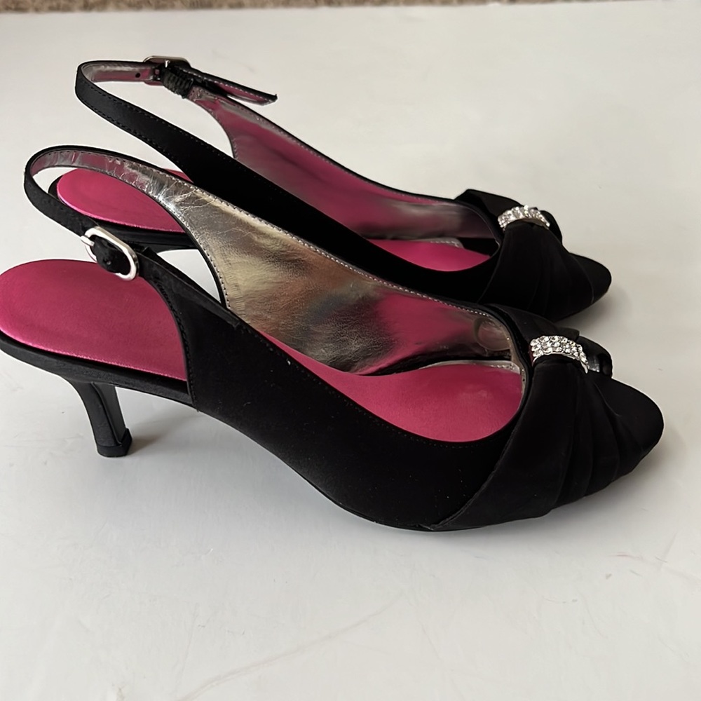 Touch of Nina Black Satin Sling Back Shoe W/Rhinestone Embellishments